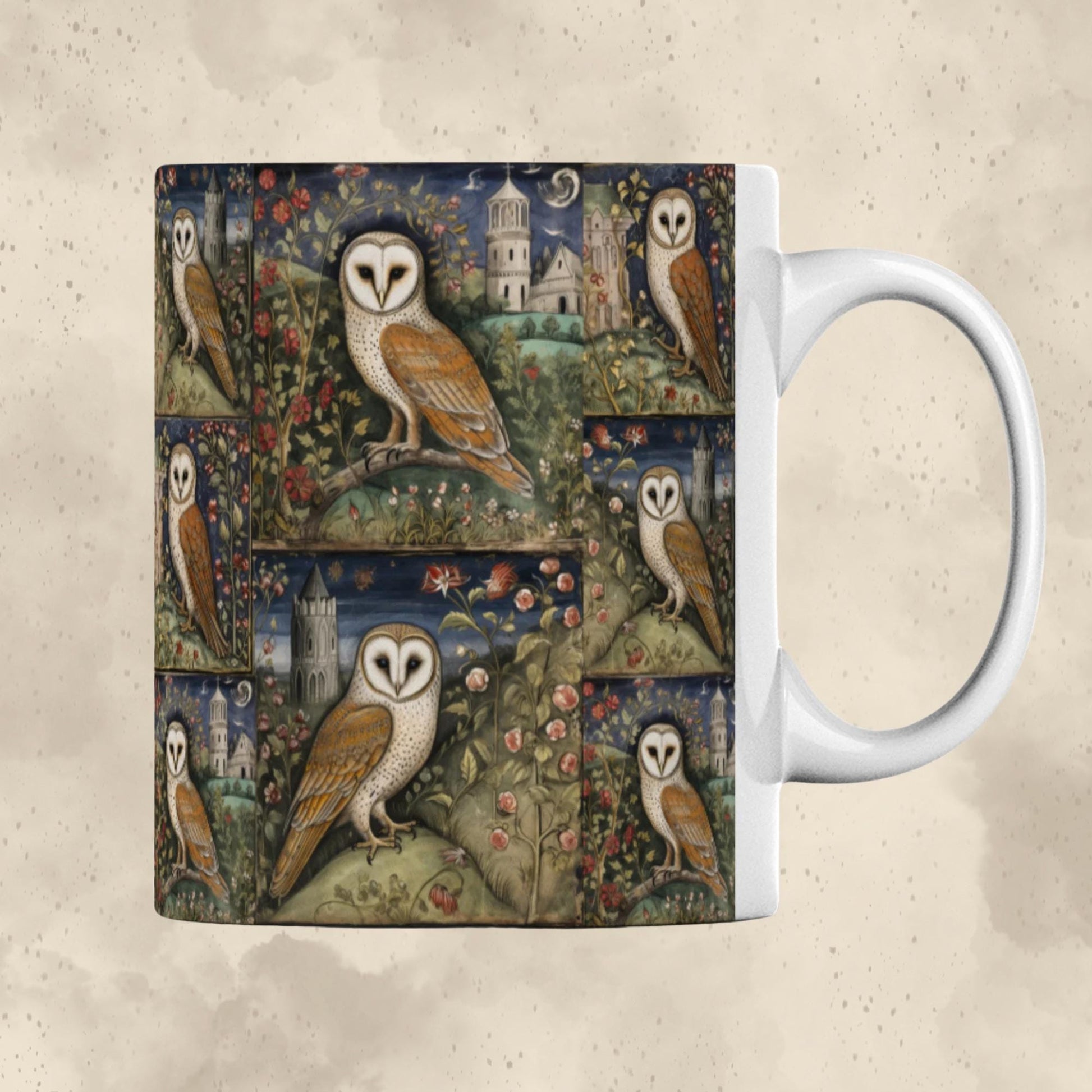 11oz ceramic mug with a seamless design of barn owls, blooming gardens, and gothic-style towers in a tranquil scene