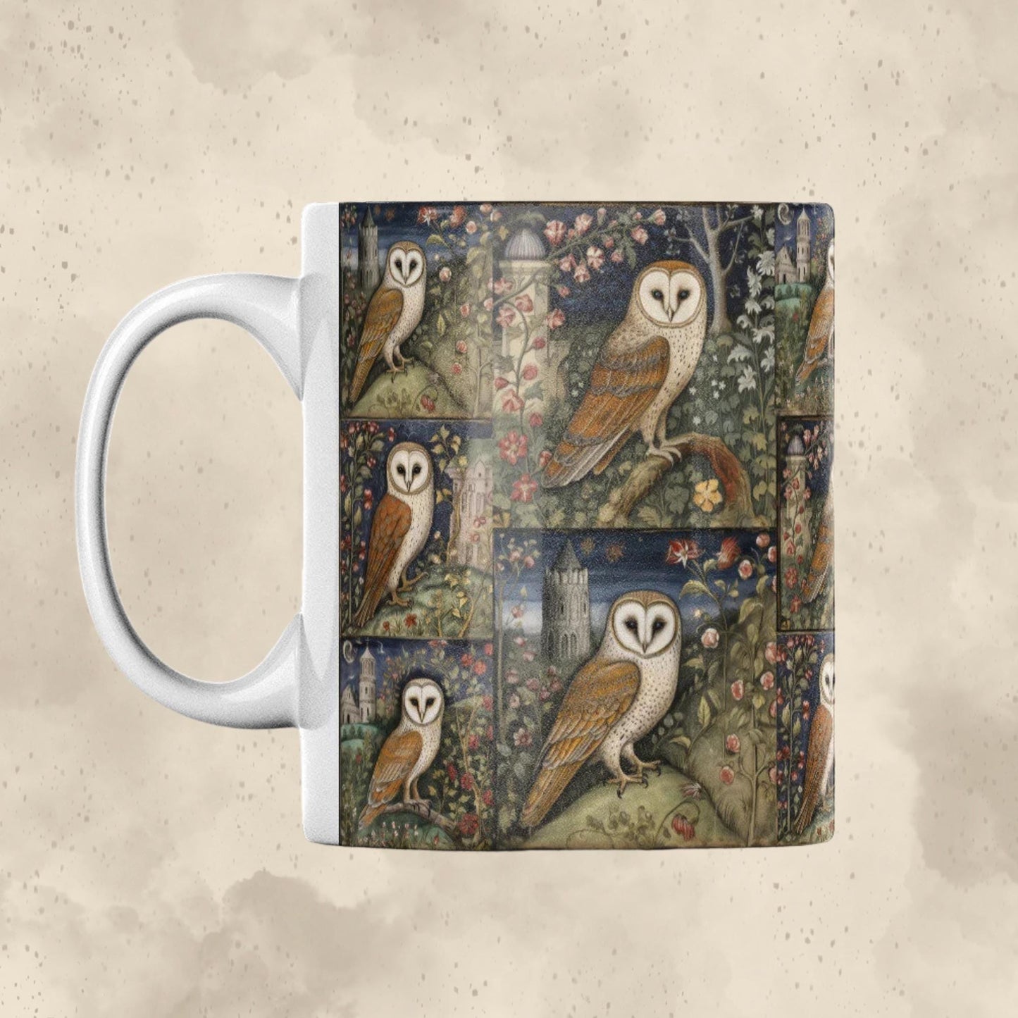 Whimsical ceramic mug adorned with barn owls and an artistic floral and medieval countryside design in rich, vibrant colors