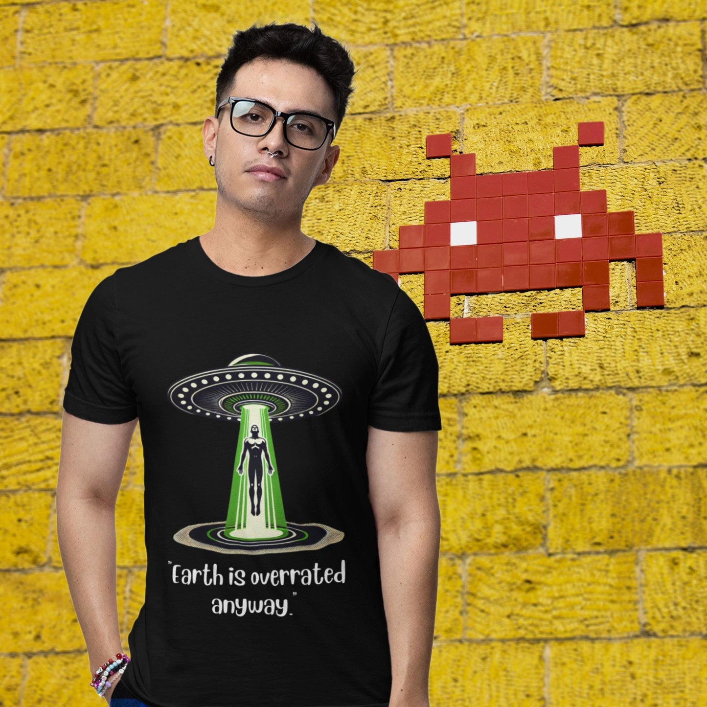 Quirky space humour shirt, alien-inspired clothing, funny abduction tee
Funny UFO apparel, cosmic humour gift, sci-fi alien-themed t-shirt