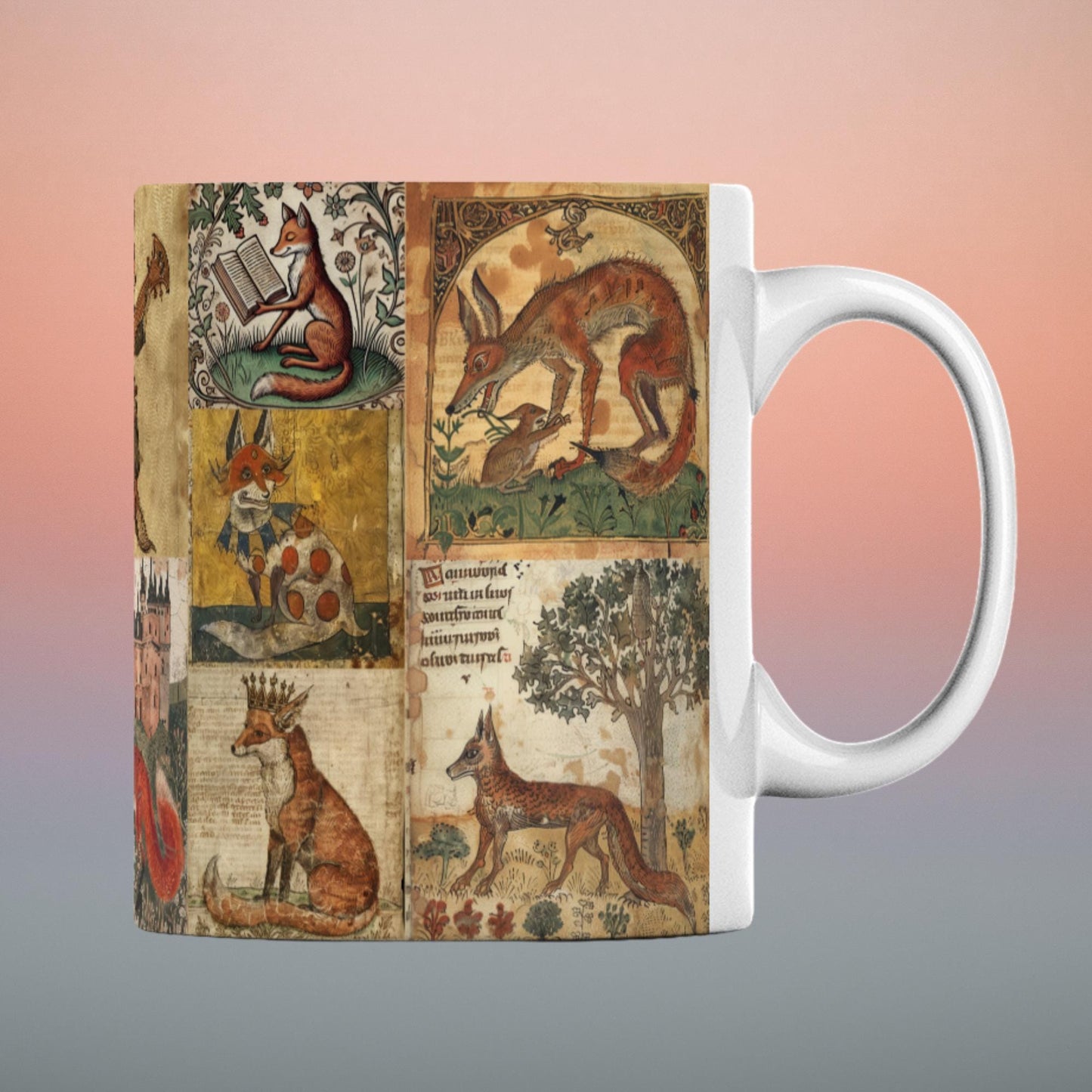 A ceramic mug featuring a wrap-around design of medieval manuscript-style fox illustrations. The artwork includes foxes wearing crowns, playing instruments, and reading books, all in an aged parchment background with intricate floral and vine details