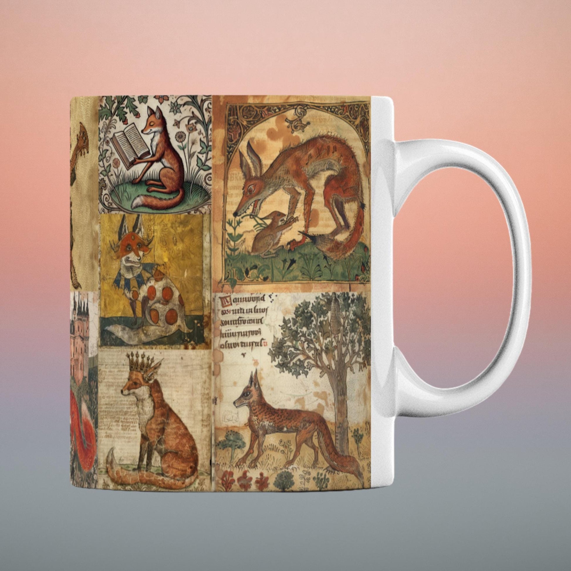 A ceramic mug featuring a wrap-around design of medieval manuscript-style fox illustrations. The artwork includes foxes wearing crowns, playing instruments, and reading books, all in an aged parchment background with intricate floral and vine details