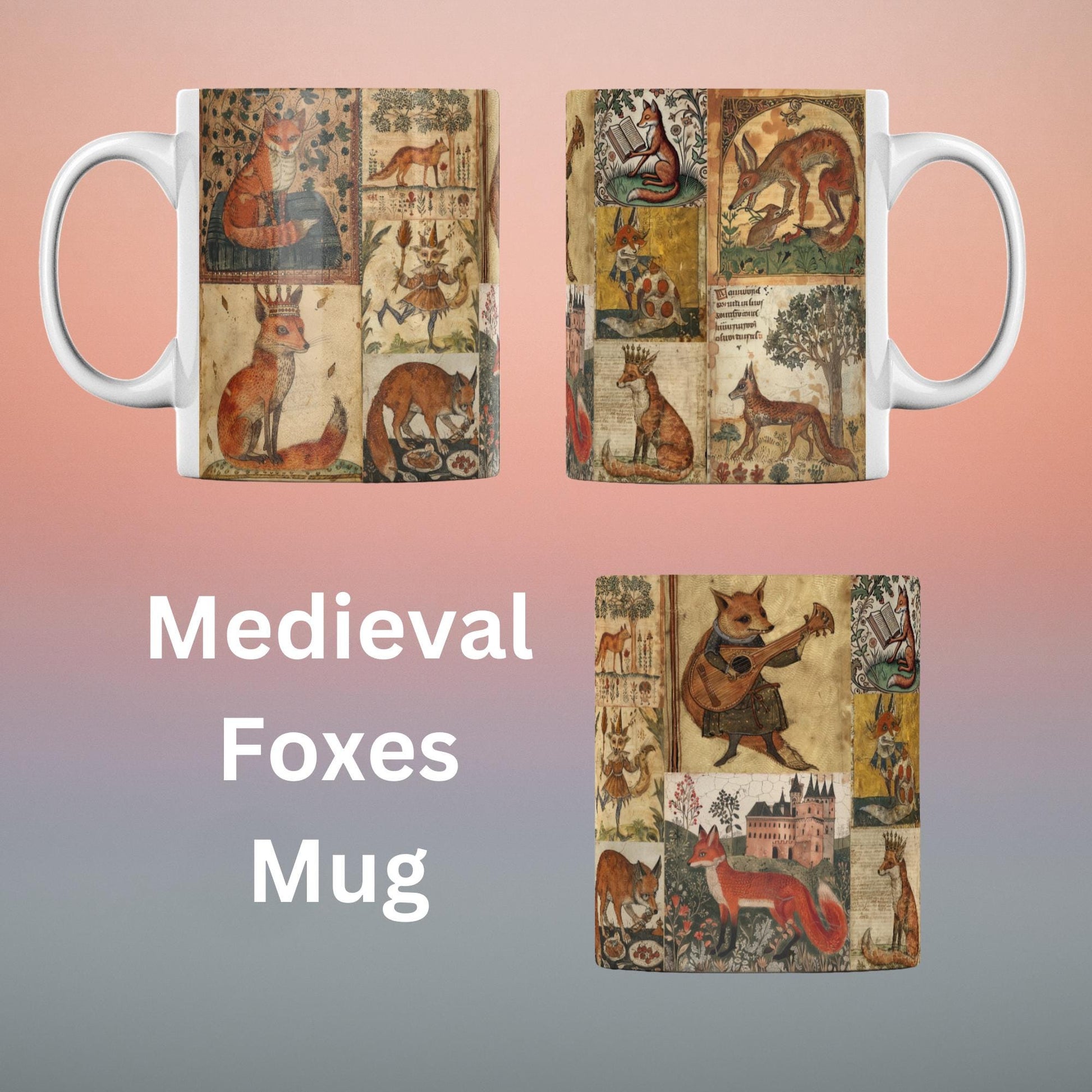 Medieval fox mug, vintage manuscript art mug, historical fox design on ceramic coffee cup, aged parchment style print. Birthday gift for fox lover.