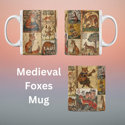 Medieval fox mug, vintage manuscript art mug, historical fox design on ceramic coffee cup, aged parchment style print. Birthday gift for fox lover.