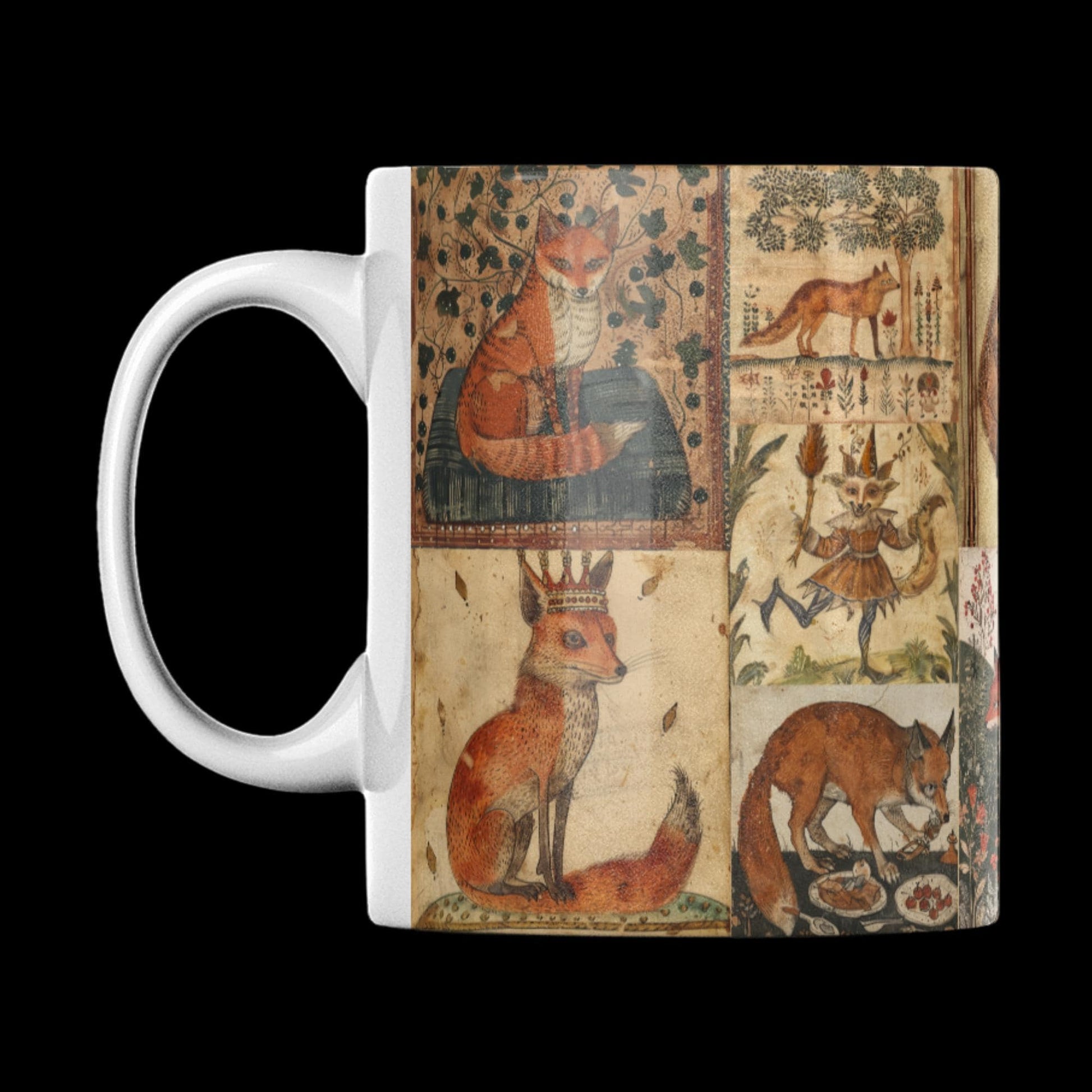 A medieval fox-themed ceramic coffee mug with vintage manuscript-style artwork on a parchment background.