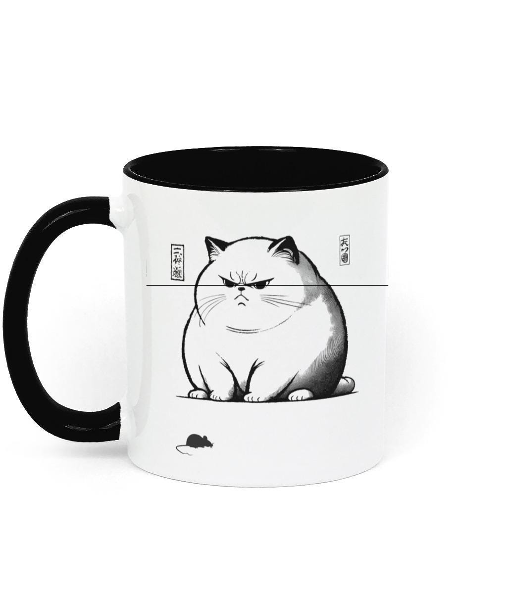 Sarcastic Chubby Cat Mug – This black and white two-tone mug showcases a moody, plump cat in a traditional Japanese ink illustration, similar to the viral grumpy frog meme. A fun gift for those who love sarcastic humour.