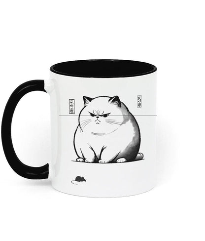 Sarcastic Chubby Cat Mug – This black and white two-tone mug showcases a moody, plump cat in a traditional Japanese ink illustration, similar to the viral grumpy frog meme. A fun gift for those who love sarcastic humour.
