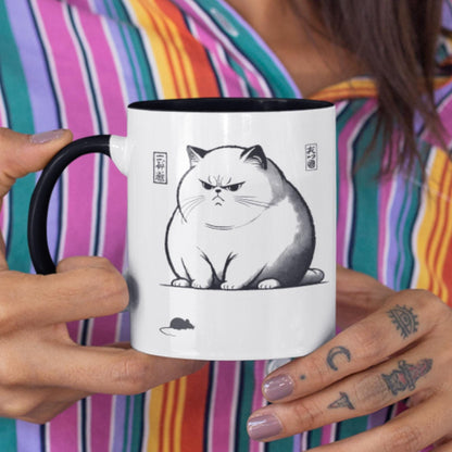 Kawaii Cat Coffee Mug – A cute yet grumpy fat cat illustrated in an ink-style Japanese aesthetic on a white and black ceramic mug. Great for cat owners, manga fans, and tea drinkers.
