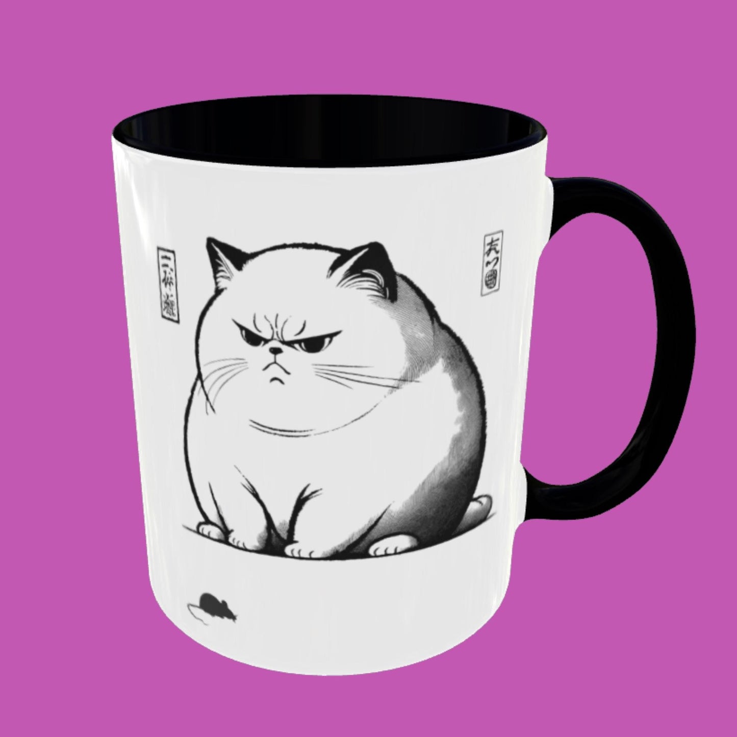 Japanese Woodcut Cat Mug – A stylish two-tone ceramic cup with a traditional Ukiyo-e-style fat cat, inspired by Matsumoto Hoji and vintage Japanese woodcuts. The grumpy expression mirrors the viral grumpy frog print.