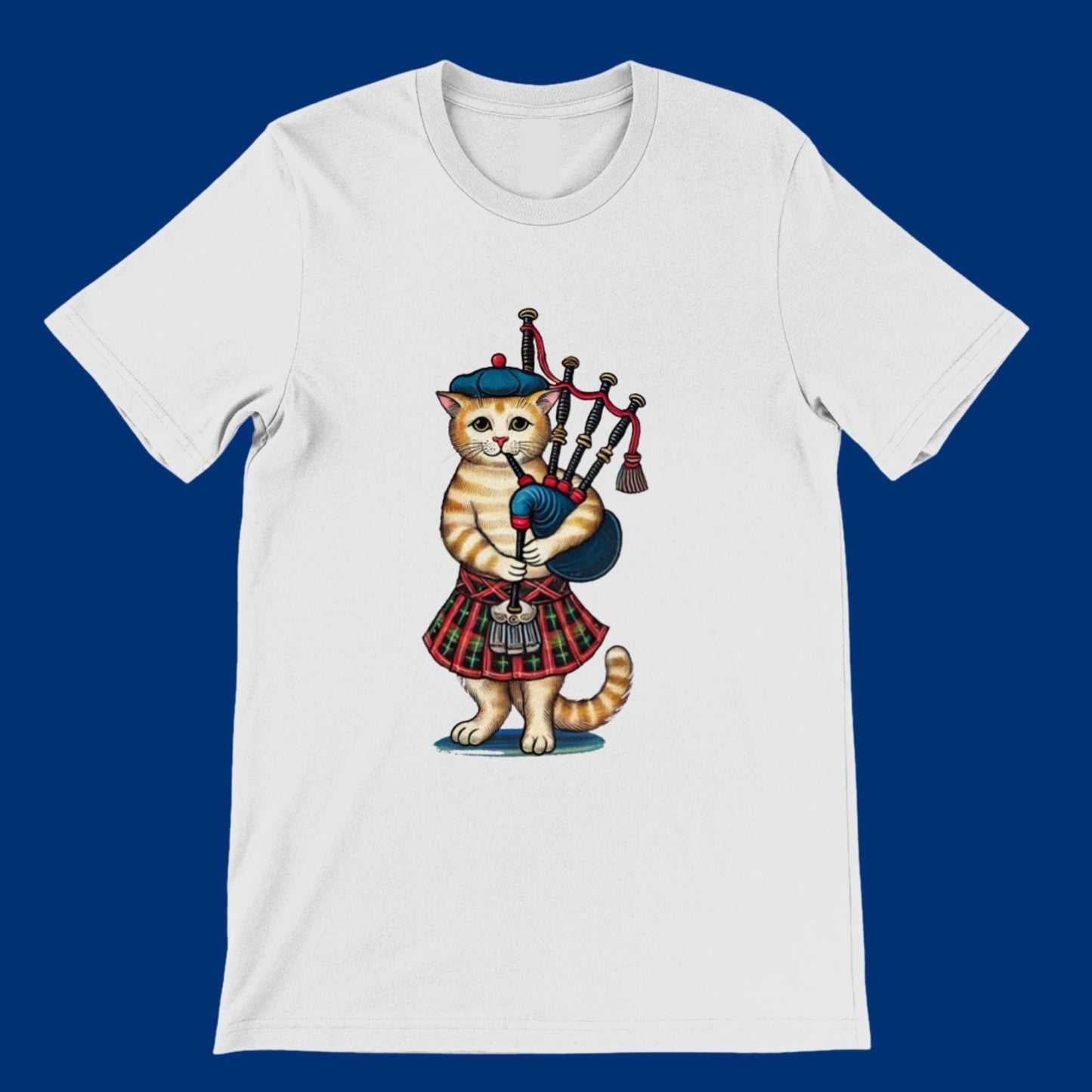 Scottish folk music humour t-shirt featuring a vintage-style cat dressed in traditional tartan. Scottish festival tee.
