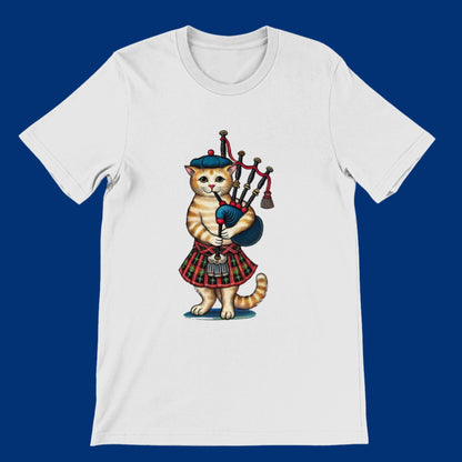 Scottish folk music humour t-shirt featuring a vintage-style cat dressed in traditional tartan. Scottish festival tee.