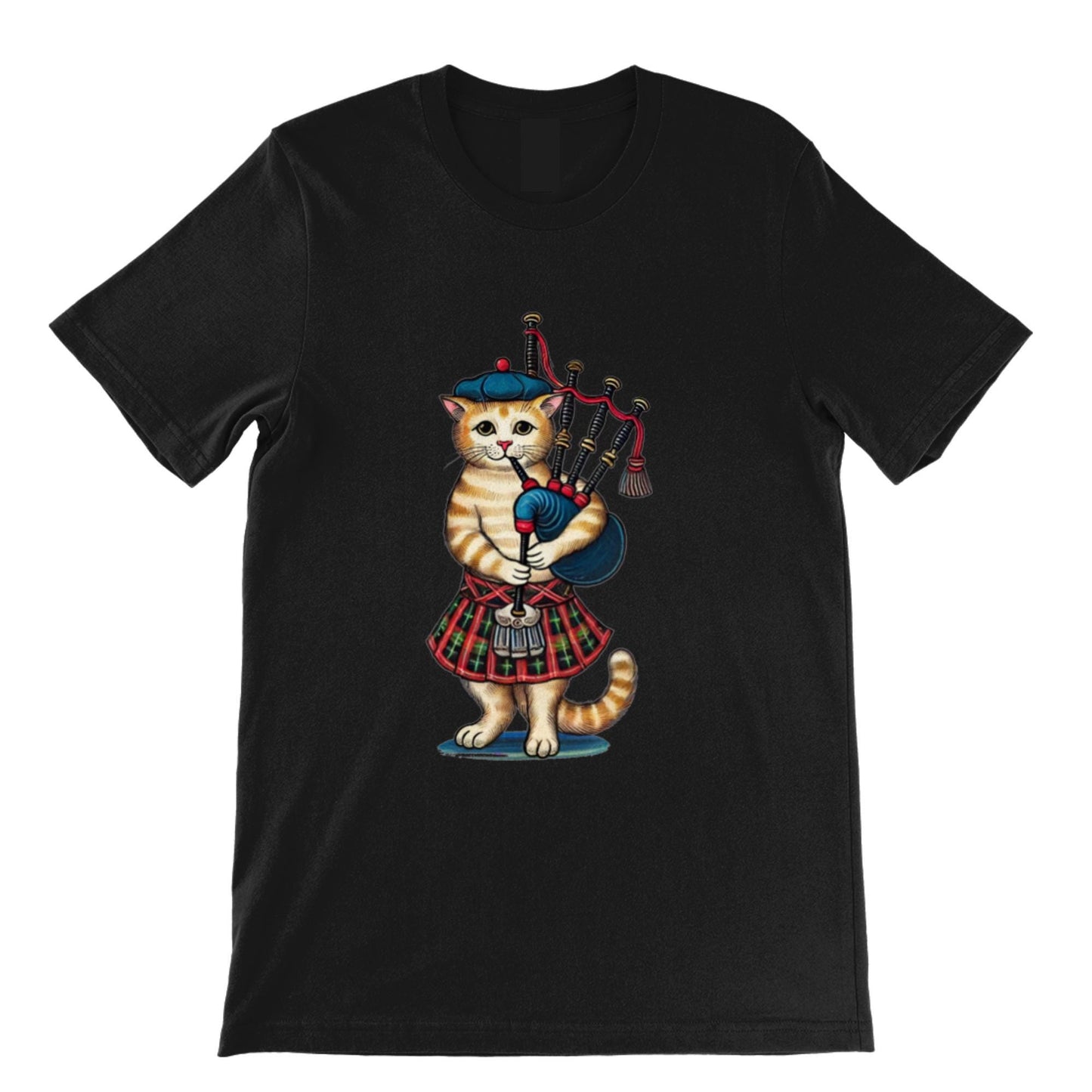 Kilted cat playing bagpipes design on a comfortable unisex tee, inspired by medieval illustrations. Marginalia cat in kilt.