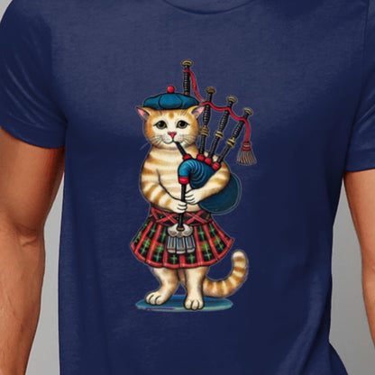 Medieval-style illustration of a cat in a Scottish kilt playing bagpipes, funny musician gift t-shirt.