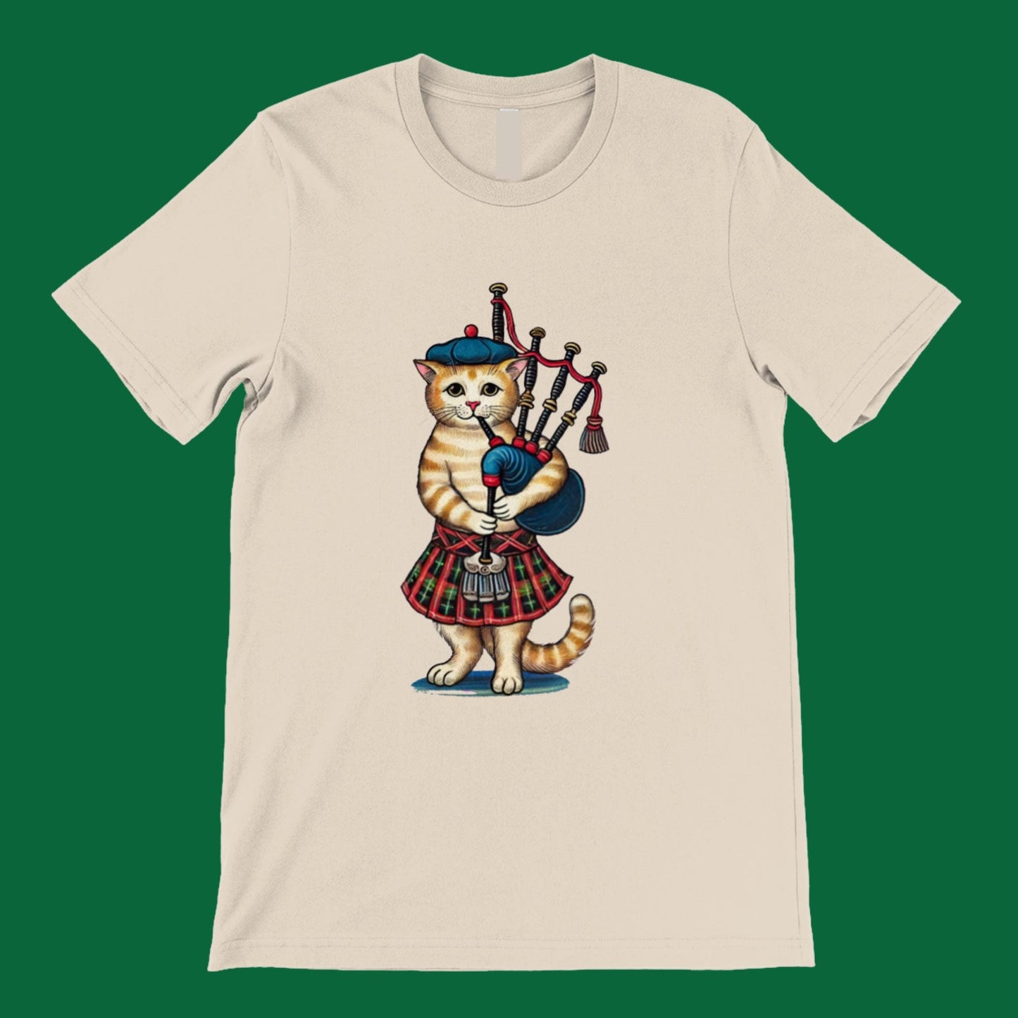 Whimsical Scottish bagpipes cat tee, unique medieval-inspired apparel for music and cat enthusiasts. Cat piper musician.