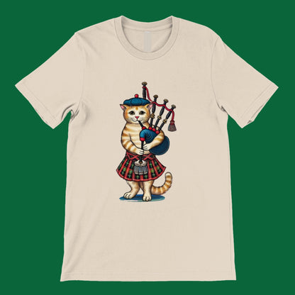 Whimsical Scottish bagpipes cat tee, unique medieval-inspired apparel for music and cat enthusiasts. Cat piper musician.