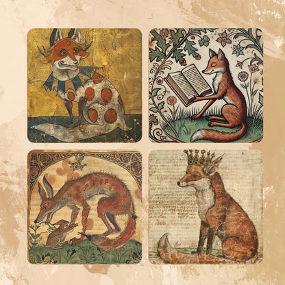 Set of four coasters each with a different design. Medieval illuminated manuscript style illustrations. Each depicts foxes. There is a fox playing a lute, a fox sat on a cushion, a fox eating and a fox with a crown. A foxy gift for the fox lover.