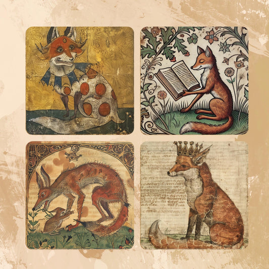 Set of four coasters each with a different design. Medieval illuminated manuscript style illustrations. Each depicts foxes. There is a fox playing a lute, a fox sat on a cushion, a fox eating and a fox with a crown. A foxy gift for the fox lover.