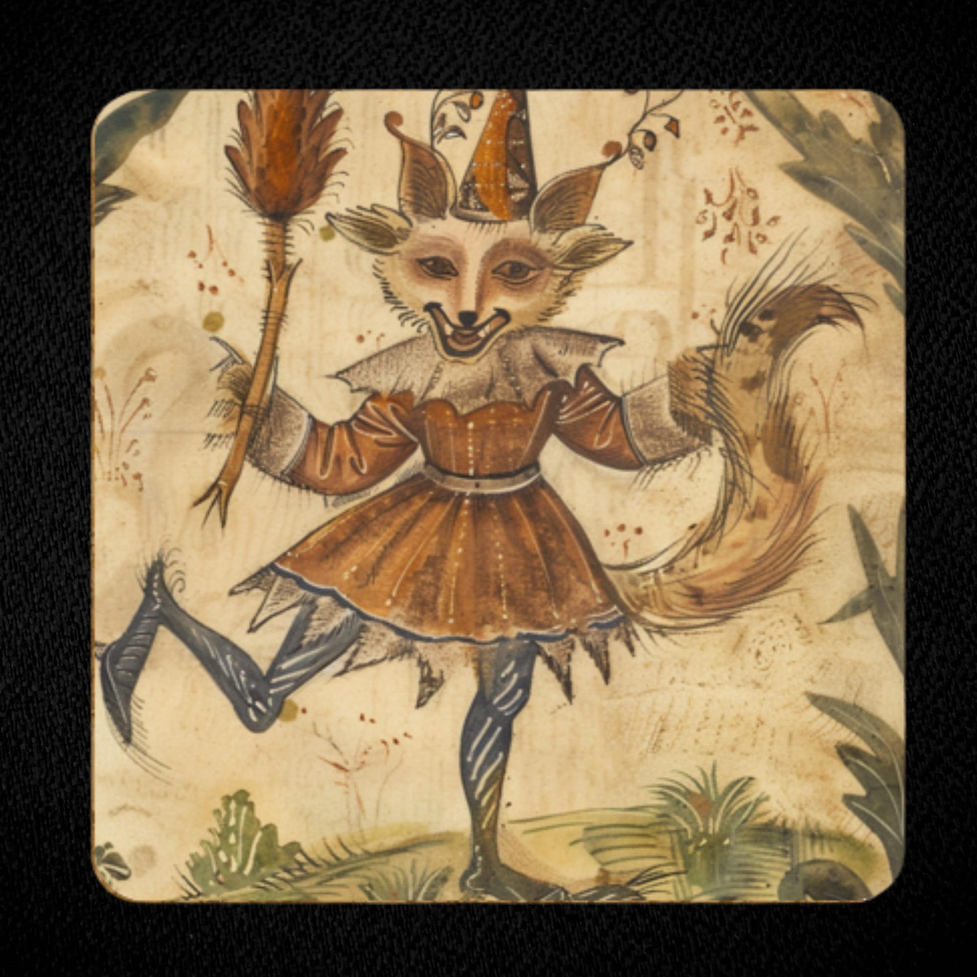 Dancing jester fox medieval illustration printed full-bleed on a square coaster