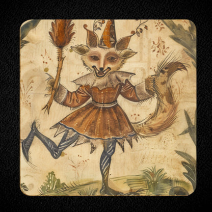 Dancing jester fox medieval illustration printed full-bleed on a square coaster