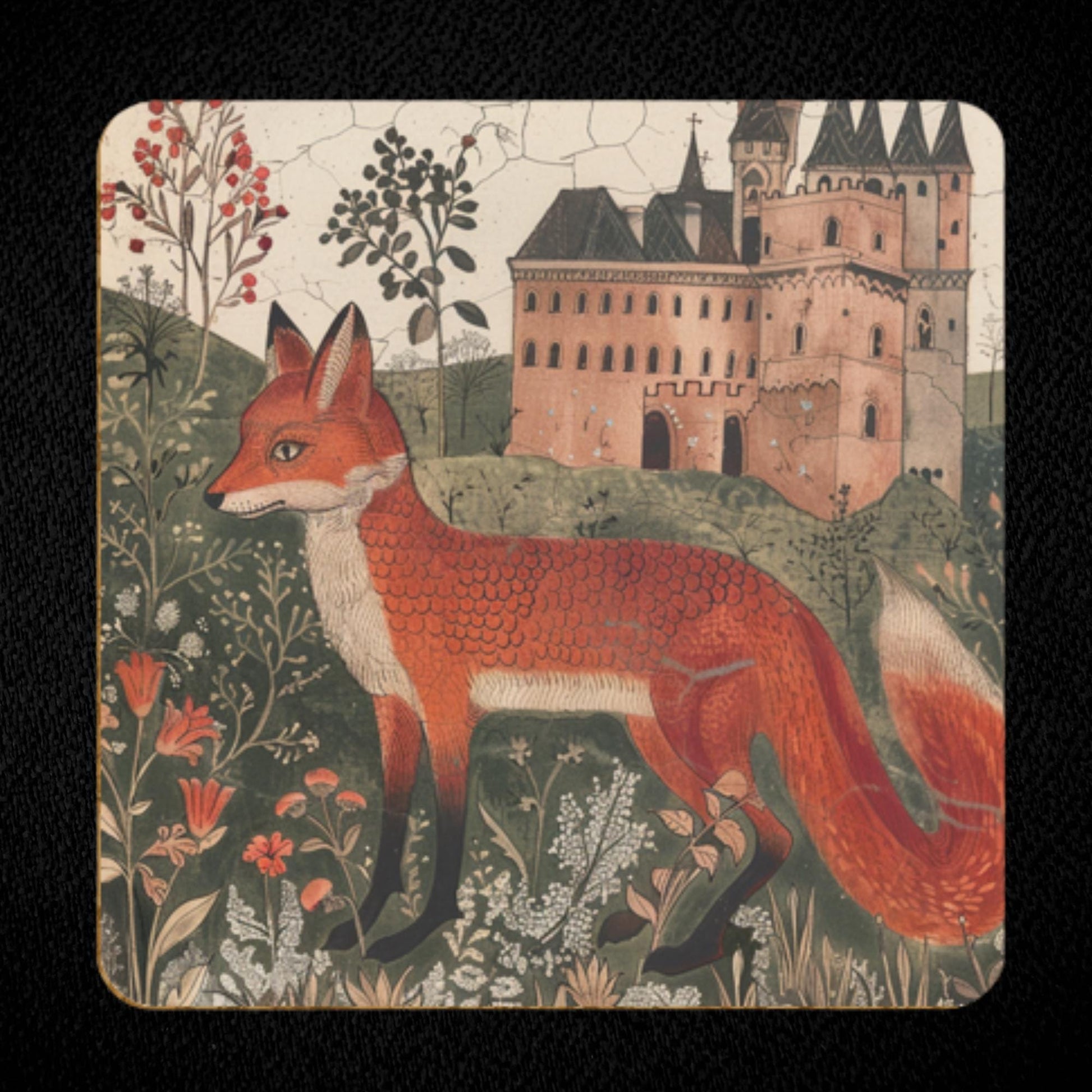 Red fox by a castle, medieval manuscript style, full-bleed square coaster