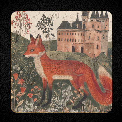 Red fox by a castle, medieval manuscript style, full-bleed square coaster