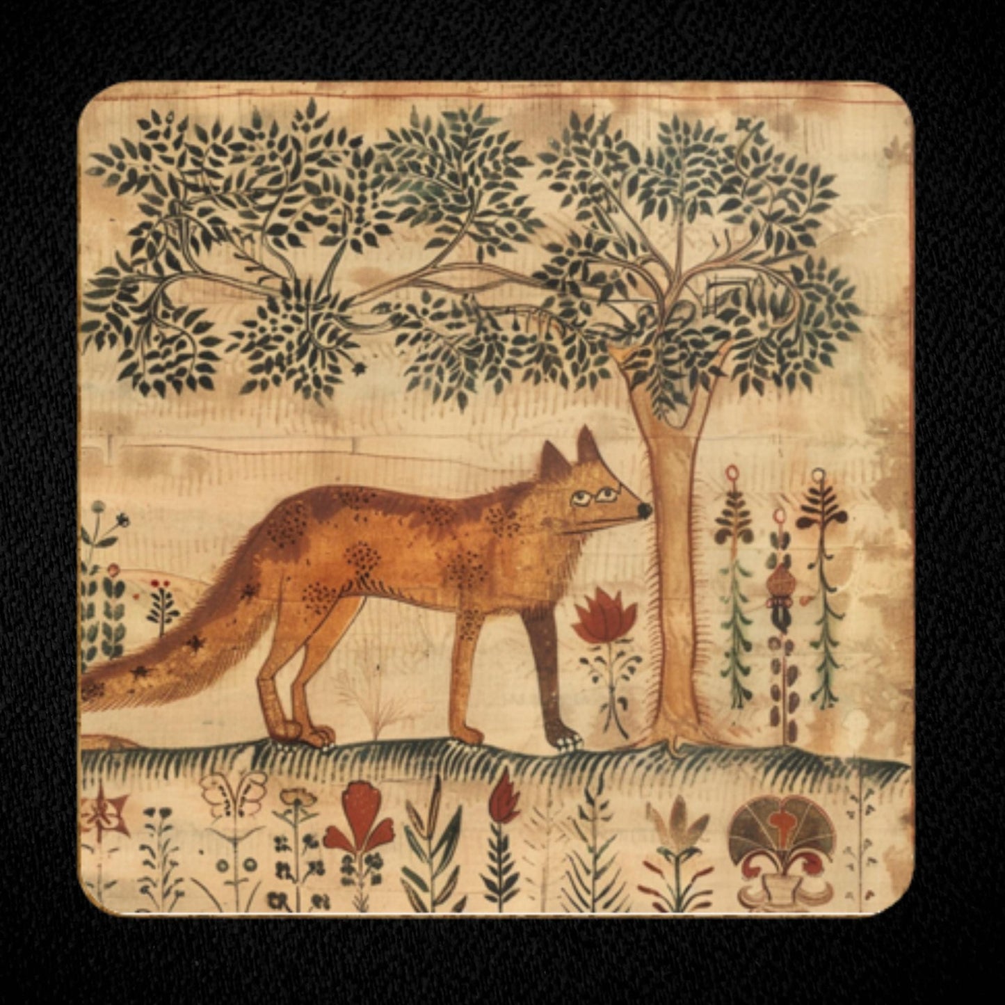 Naïve Fox under trees in a medieval garden scene, full-bleed coaster design