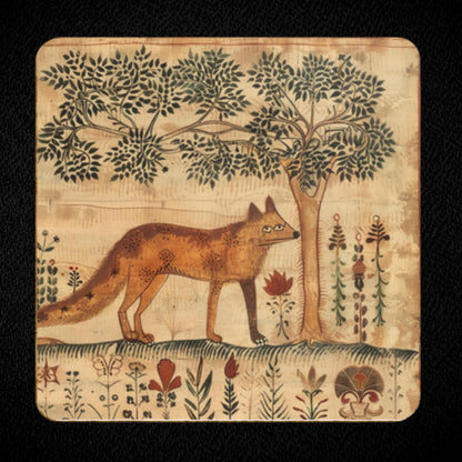 Naïve Fox under trees in a medieval garden scene, full-bleed coaster design