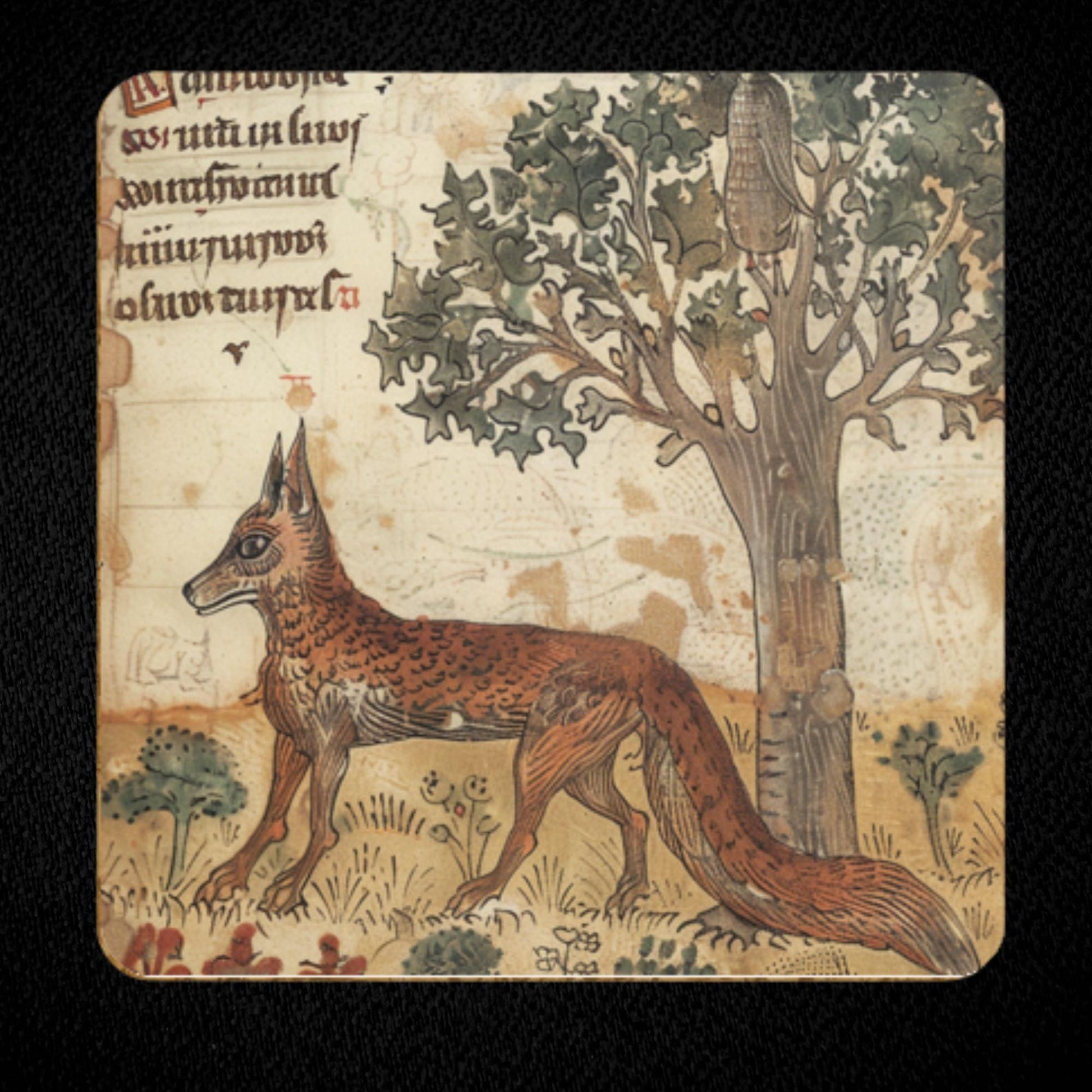 Long-tailed fox beside a tree, medieval illustration on a square coaster