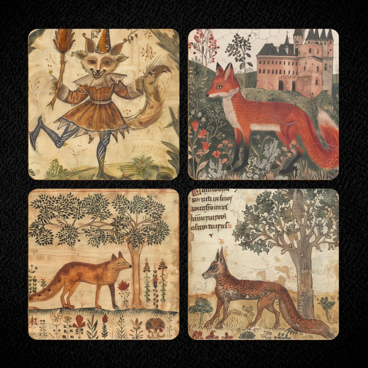 Set of four coasters each with a different design. Medieval style illustrations. Each depicts foxes.
