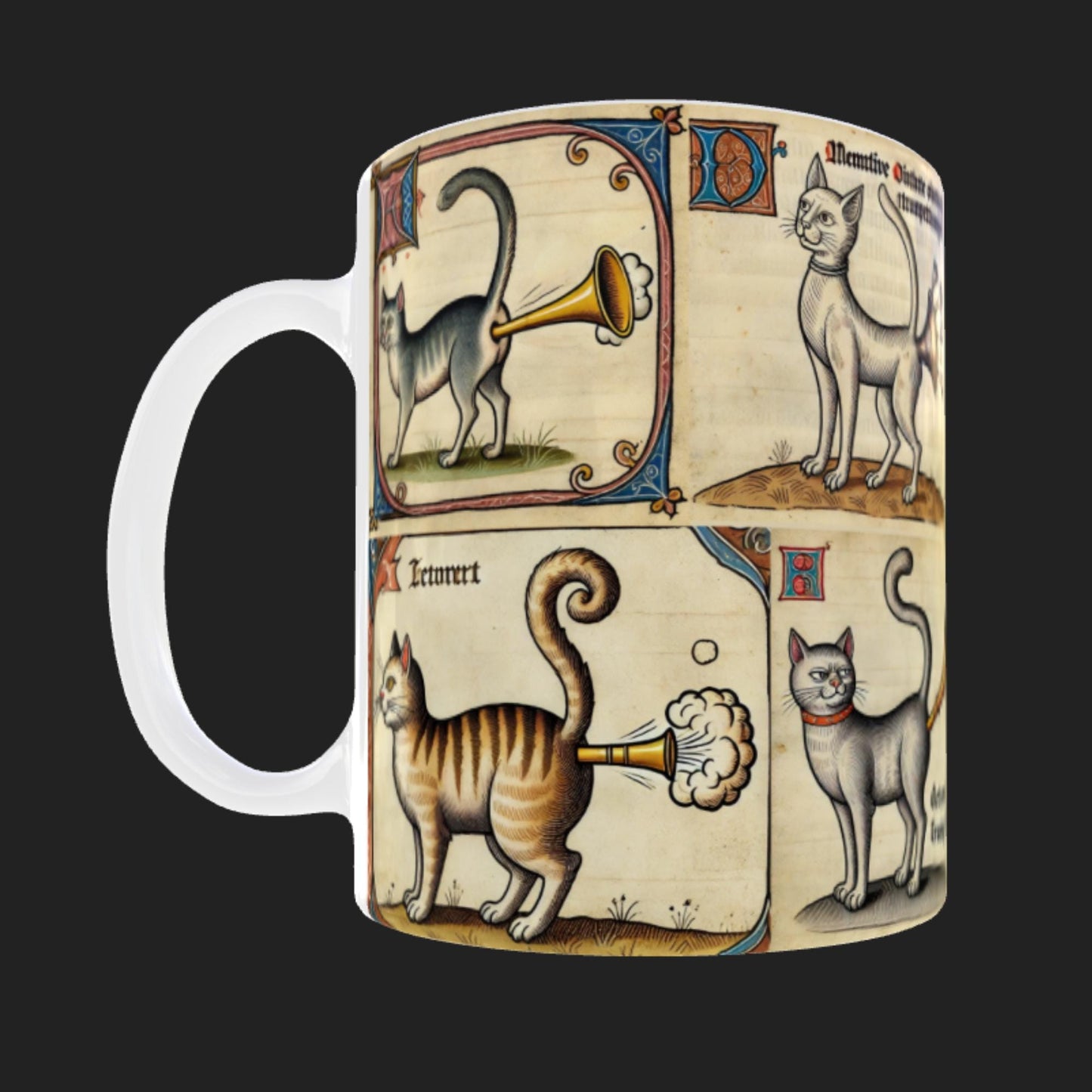 Medieval butt trumpet cat mug featuring historical manuscript-style illustrations of cats with trumpets coming from their behinds, inspired by authentic medieval marginalia