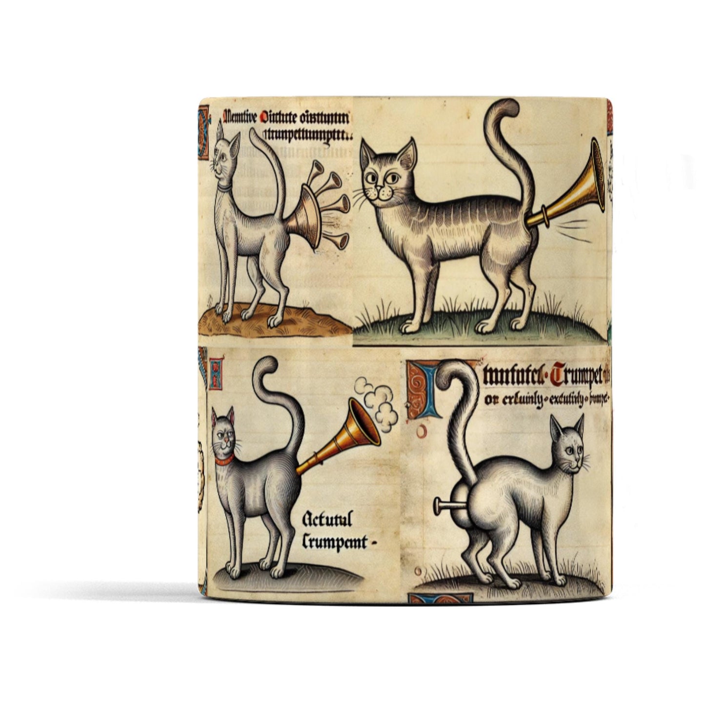 Medieval marginalia mug with a unique and weird design of historical manuscript-style cats playing trumpets from their rear ends. Dishwasher and microwave safe.