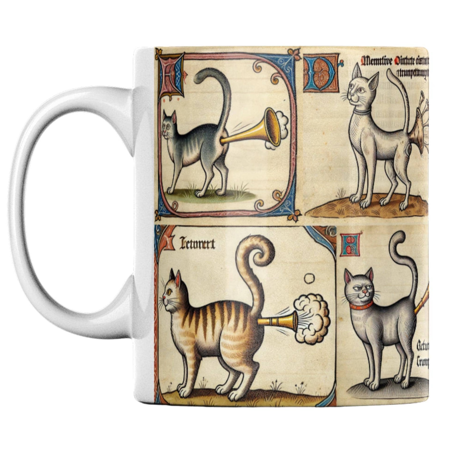 Weird history cat mug showcasing medieval-inspired illustrations of trumpeting cats, a funny and unusual gift for history buffs, medieval art fans, and cat lovers.