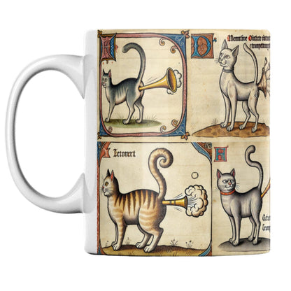 Weird history cat mug showcasing medieval-inspired illustrations of trumpeting cats, a funny and unusual gift for history buffs, medieval art fans, and cat lovers.