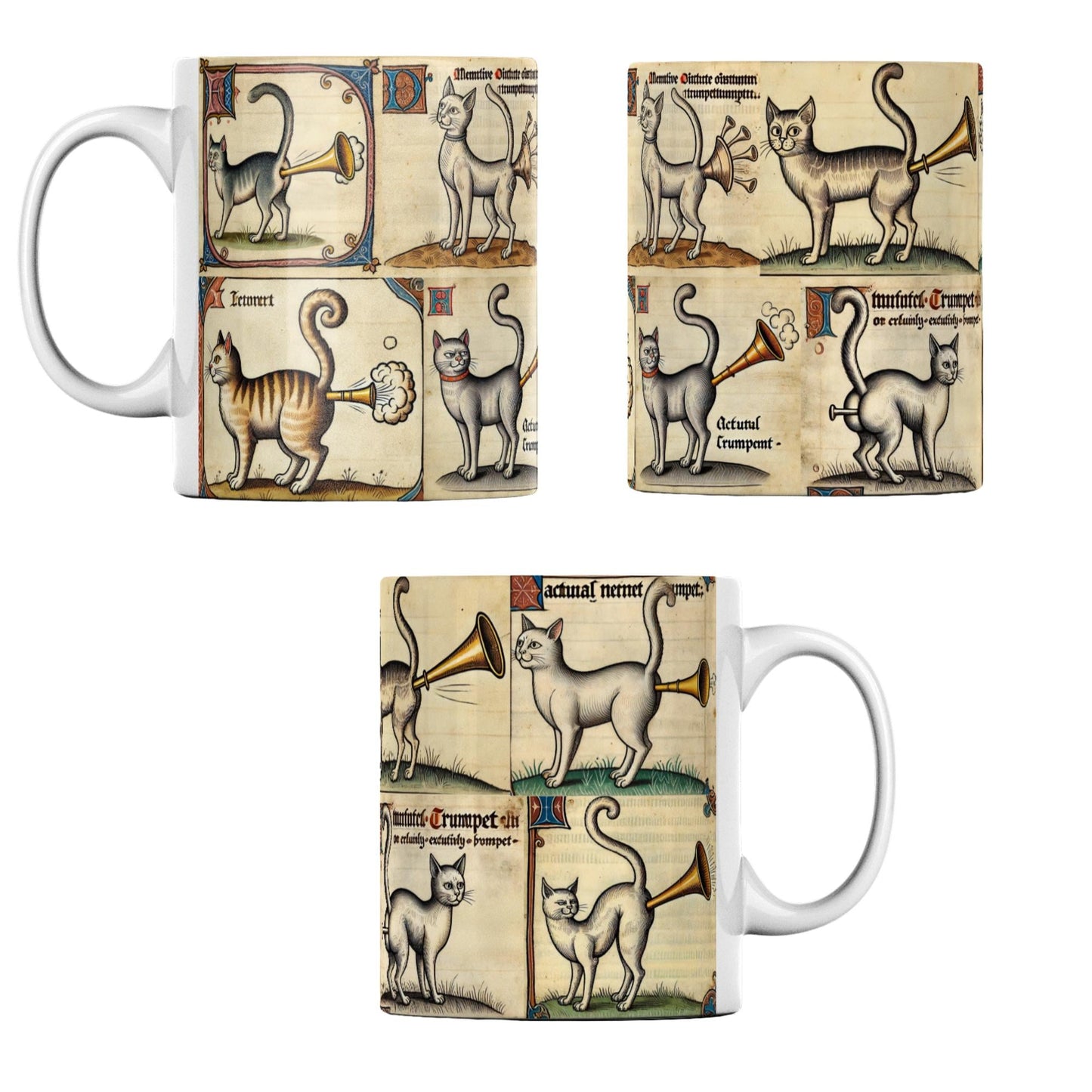Funny medieval cat mug with a wrap-around design showing humorous manuscript-style cats with butt trumpets, perfect for history lovers and quirky gift seekers.