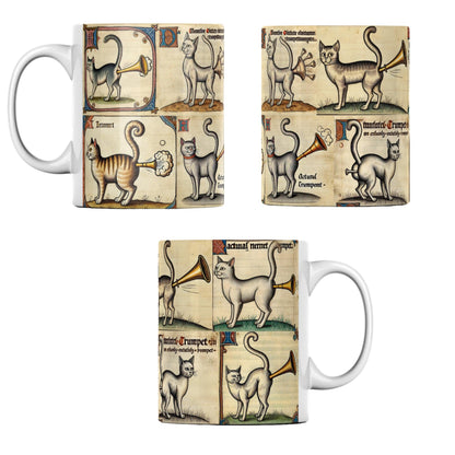 Funny medieval cat mug with a wrap-around design showing humorous manuscript-style cats with butt trumpets, perfect for history lovers and quirky gift seekers.