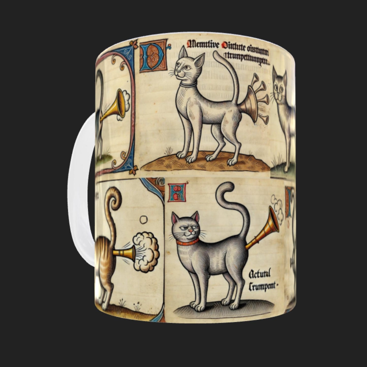 Quirky medieval art coffee mug featuring marginalia-style cat illustrations, known for their bizarre humour, making it an ideal funny gift for history and cat lovers.