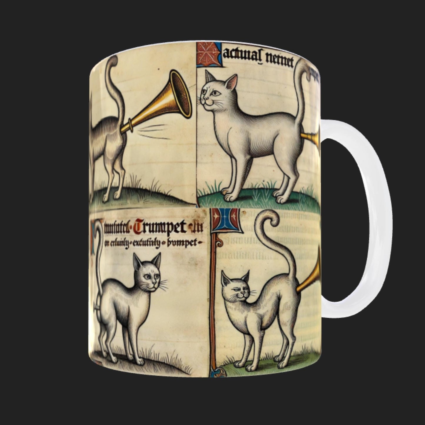 Medieval manuscript cat mug designed for fans of weird history and medieval humour, with a wrap-around print of cats with trumpet butts, dishwasher and microwave safe.