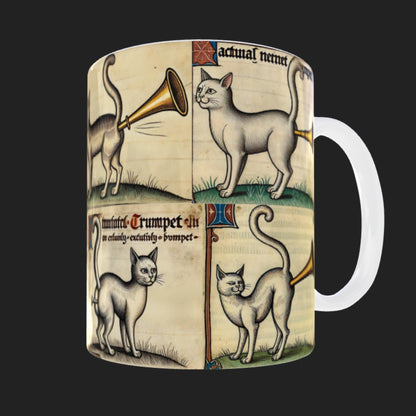 Medieval manuscript cat mug designed for fans of weird history and medieval humour, with a wrap-around print of cats with trumpet butts, dishwasher and microwave safe.