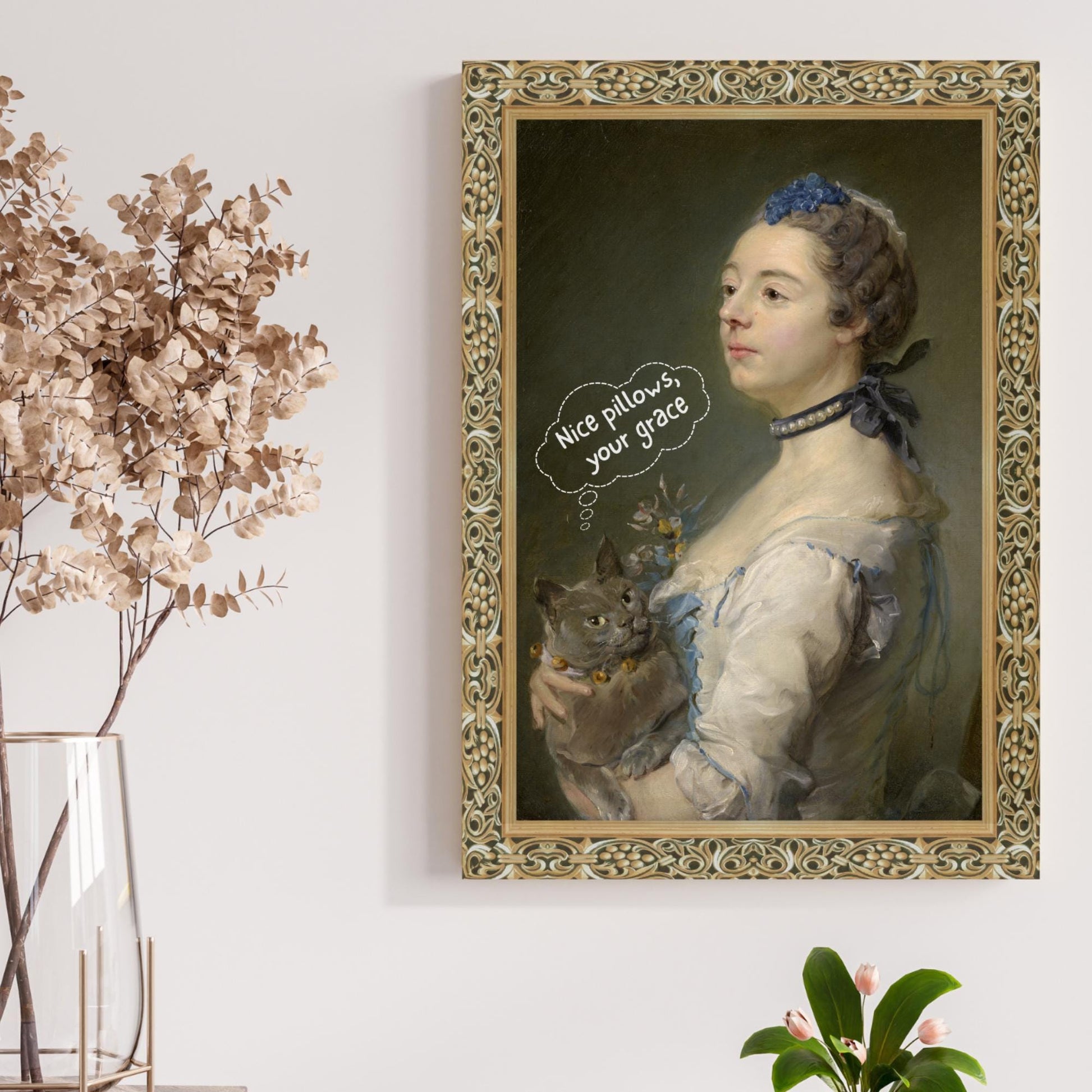 Hilarious baroque-style poster featuring an old oil painting reimagined with a cat thinking a cheeky comment