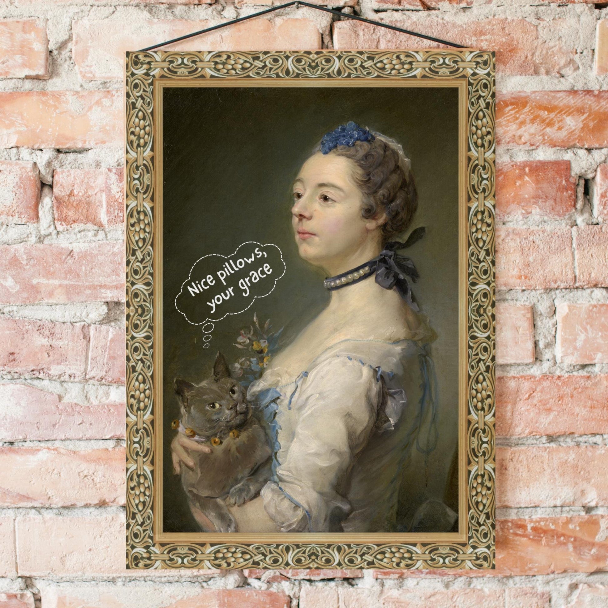 Historical painting parody featuring a Renaissance lady and her cat, designed with a faux ornate frame border