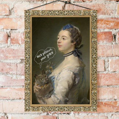 Historical painting parody featuring a Renaissance lady and her cat, designed with a faux ornate frame border