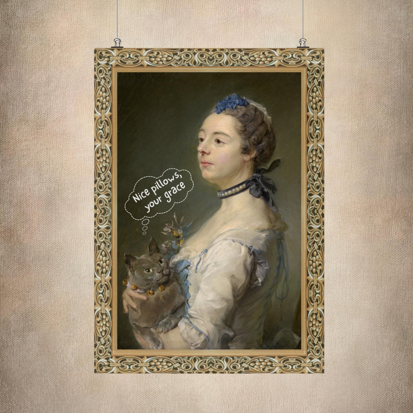 Aristocratic cat print with a speech bubble, giving a humorous and quirky update to a vintage portrait