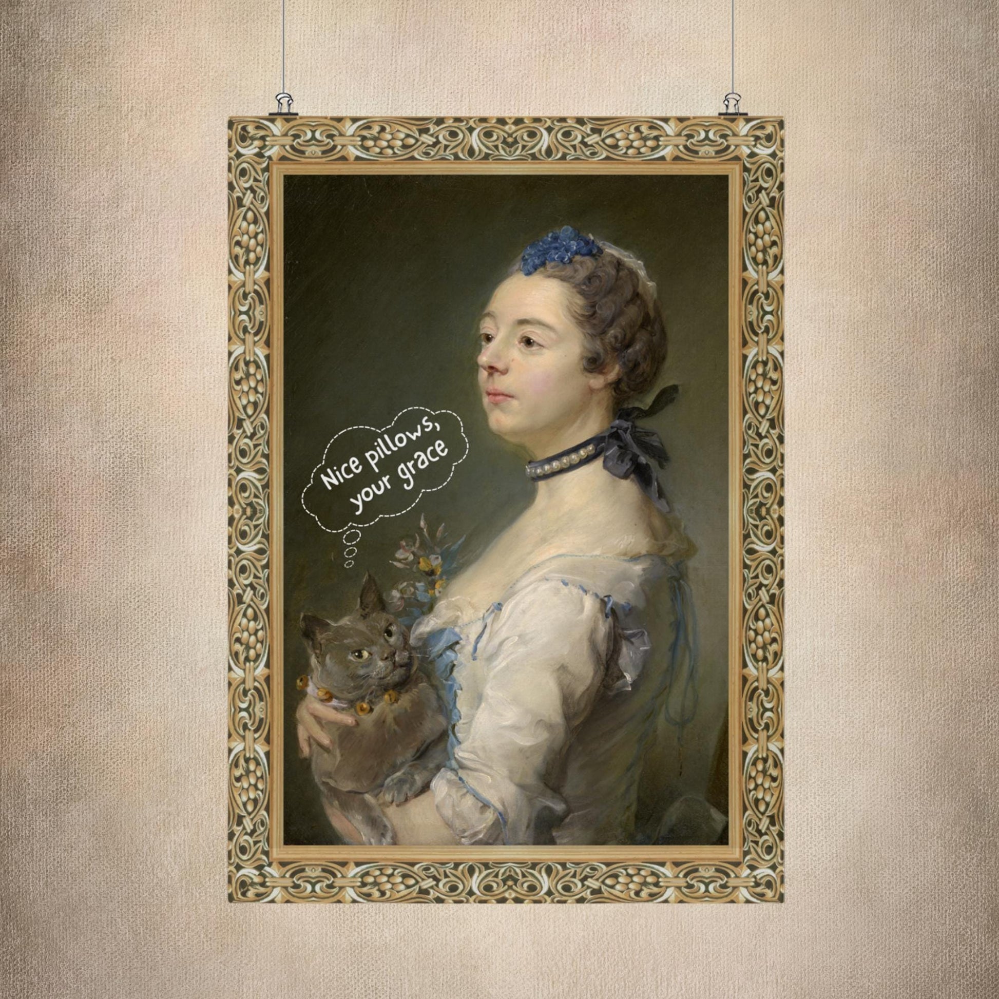 Aristocratic cat print with a speech bubble, giving a humorous and quirky update to a vintage portrait
