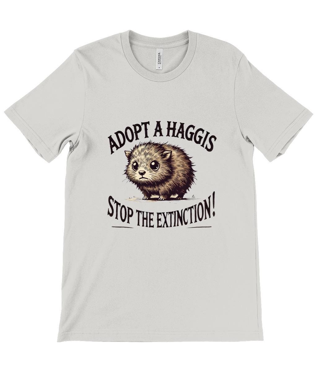 Woman wearing a white &quot;Adopt a Haggis&quot; t-shirt with a cute mythical creature print, a fun gift for Scots, expats, and folklore fans. Haggis lover gift. Scottish folk music gift.