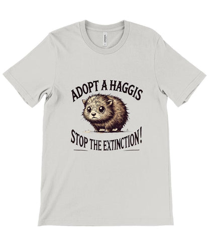 Woman wearing a white &quot;Adopt a Haggis&quot; t-shirt with a cute mythical creature print, a fun gift for Scots, expats, and folklore fans. Haggis lover gift. Scottish folk music gift.