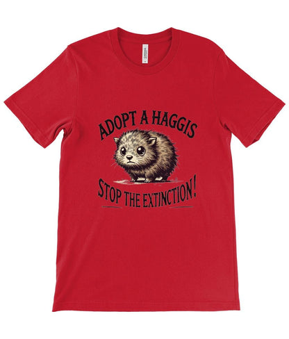 Close-up of &quot;Adopt a Haggis&quot; t-shirt featuring a cute, furry haggis illustration and funny text, perfect for Scottish humour lovers and Scotland souvenirs.