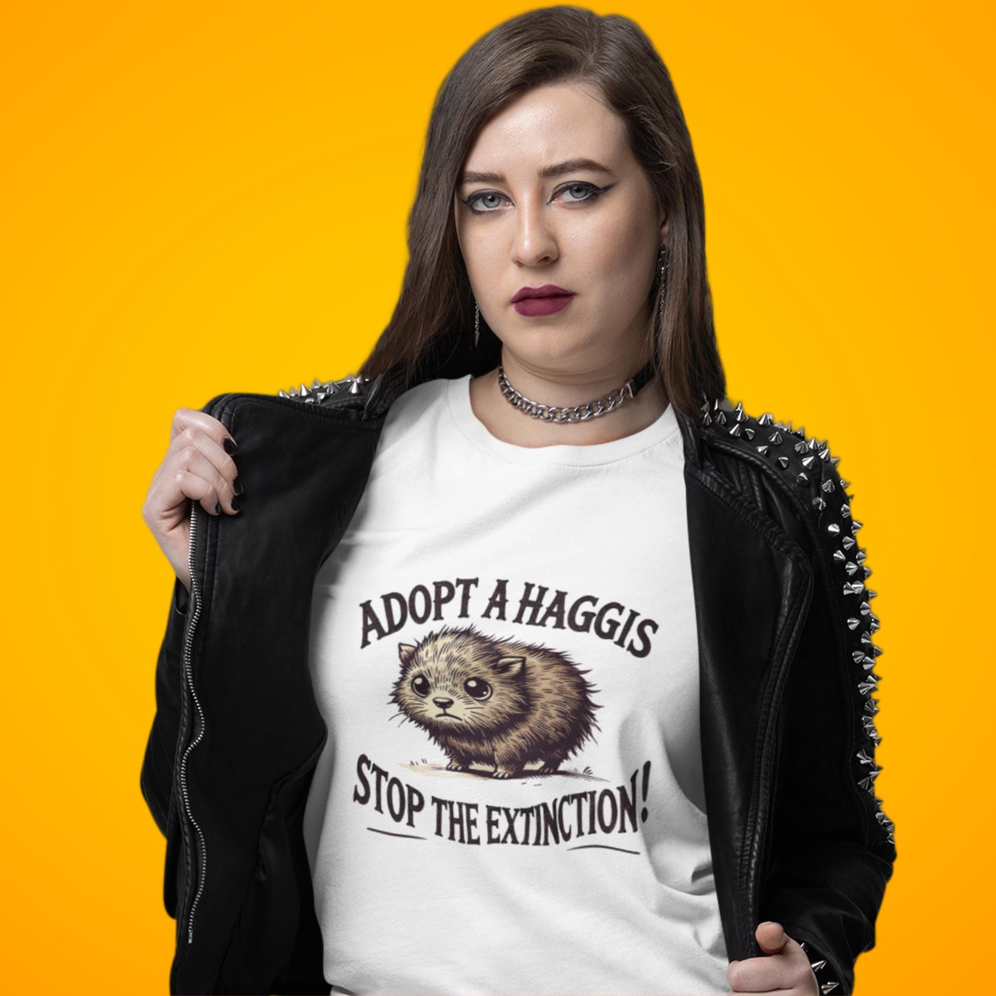 Person wearing a grey &quot;Adopt a Haggis&quot; tee outdoors, a fun and eye-catching mythical animal t-shirt for Scots and anyone who enjoys Celtic culture. Unisex t-shirt.