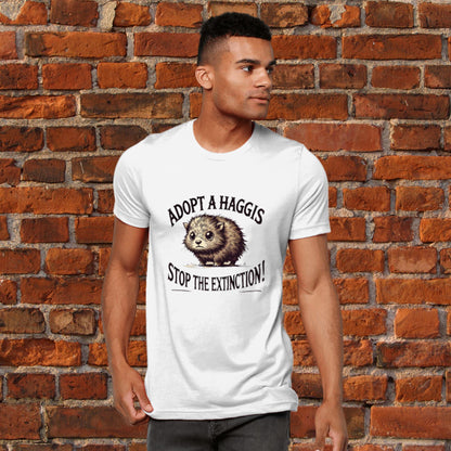 Close-up of the haggis illustration on a white t-shirt, showing the playful, hand-drawn design perfect for those who love mythical creatures and Scottish jokes. Funny haggis design.