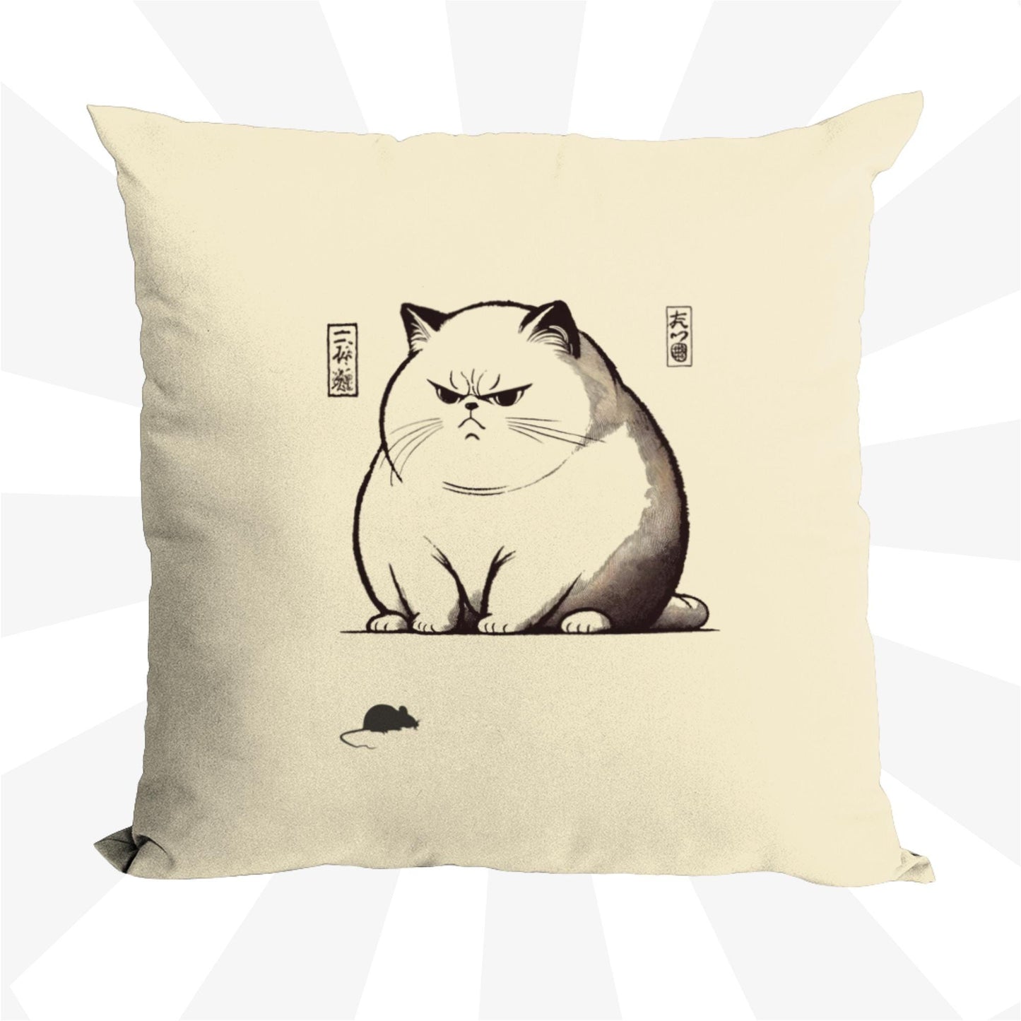 A square throw pillow cover featuring a detailed ukiyo-e chonky cat design in soft, washed cotton canvas, ideal for modern and artistic interiors