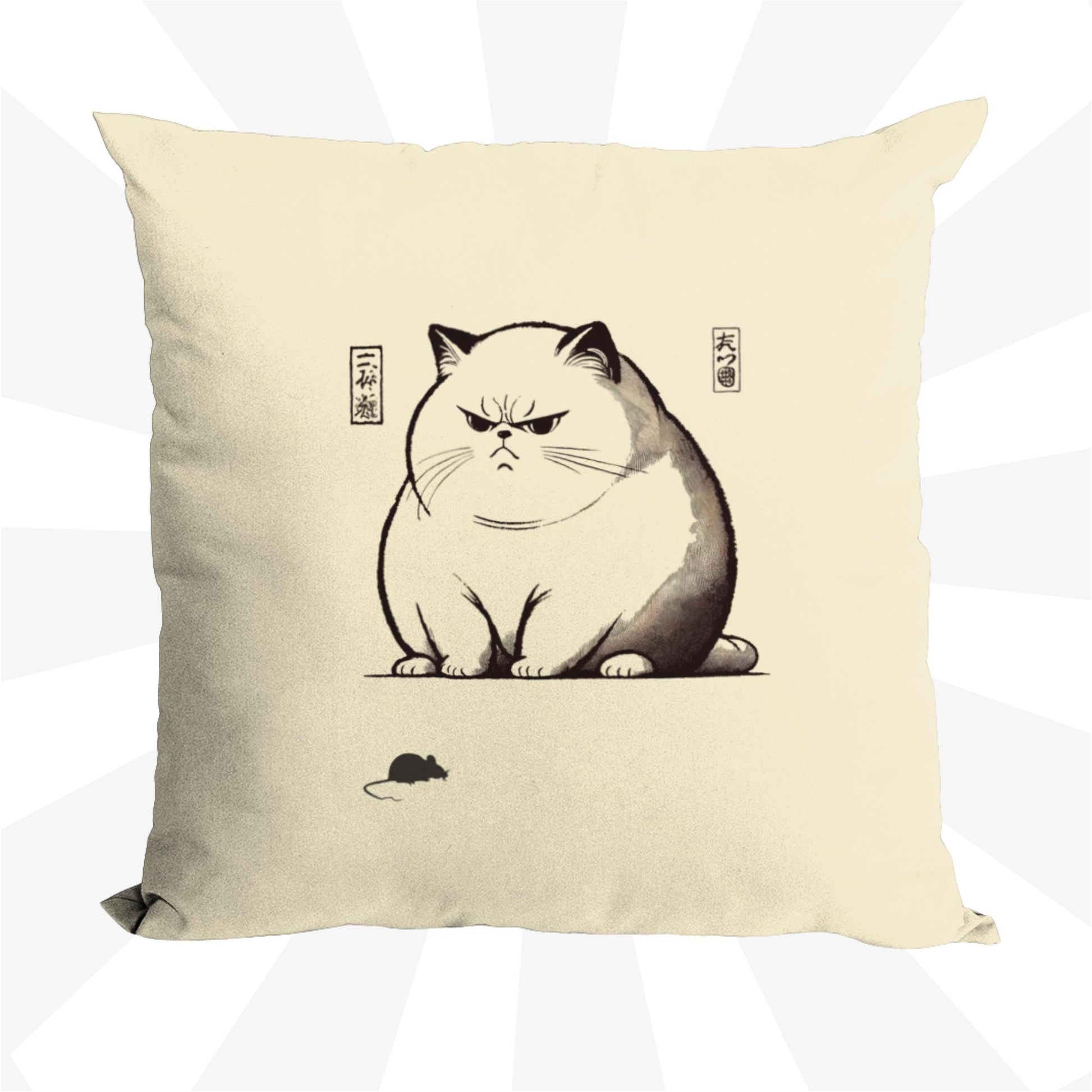A square throw pillow cover featuring a detailed ukiyo-e chonky cat design in soft, washed cotton canvas, ideal for modern and artistic interiors