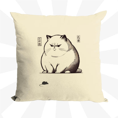 A square throw pillow cover featuring a detailed ukiyo-e chonky cat design in soft, washed cotton canvas, ideal for modern and artistic interiors